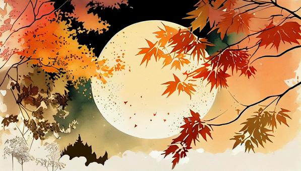 Mid-Autumn Moon _ Scenery of red colored leaves and full moon, , JPG