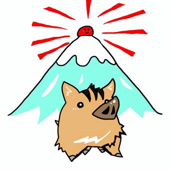 Wild boar coming from Mt. Fuji, hai, boar, new year's card, JPG and PNG