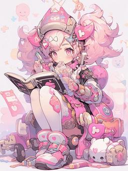 pink hair girl reading a book, girl, twin tail, tiny, JPG