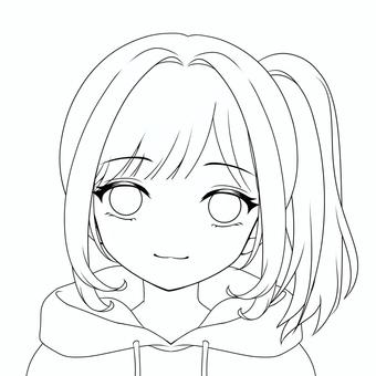サイドテール・パーカーの女の子線画 パーカー,サイドテール,線画,コスプレ,女子,女の子,美少女,萌え,アイコン,かわいいのイラスト素材