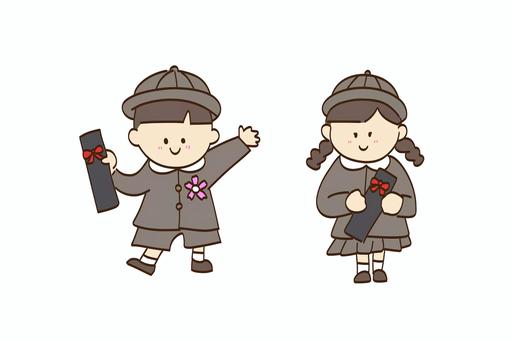 卒園式　こども　二人　立ち絵 卒園式,子供,人物,男の子,女の子,かわいい,幼い,幼児,手描き,挿絵のイラスト素材