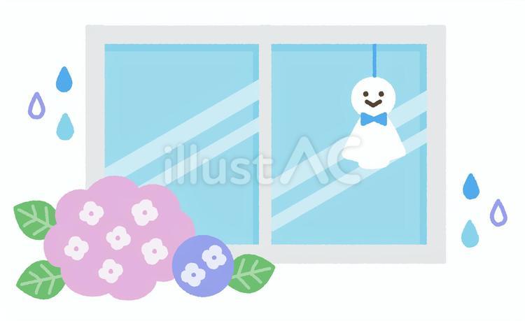 雨の日の窓と紫陽花とてるてる坊主 梅雨,6月,あじさいのイラスト素材