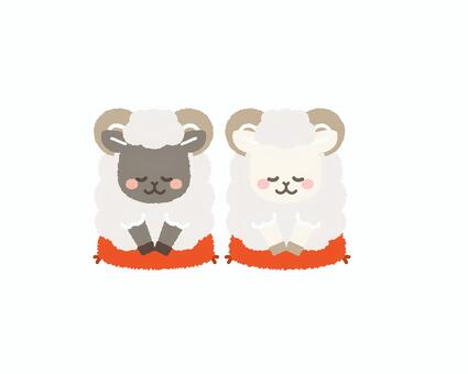 座布団に座ってお辞儀をする羊のペア ひつじ,ヒツジ,羊,未,かわいい,お辞儀,挨拶,干支,十二支,未年のイラスト素材