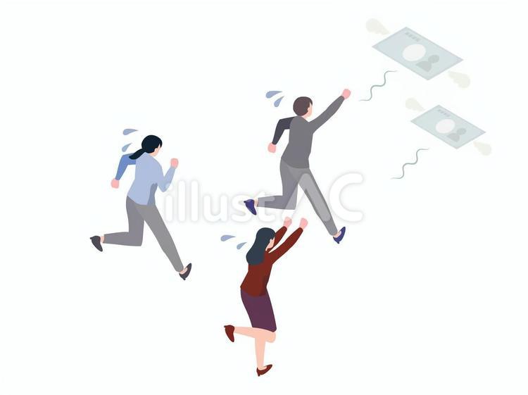 飛んでいくお金を追いかける女性会社員たち 飛ぶ,逃げる,追うのイラスト素材