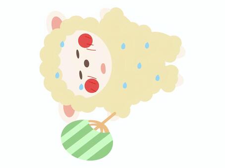 暑さで伸びている羊 羊,暑い,夏,うちわ,伸びる,汗,仰向け,熱中症,猛暑,夏日のイラスト素材