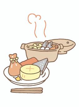 ホカホカのおでん おでん,土鍋,湯気,箸,皿,餅巾着,さつま揚げ,練り物,こんにゃく,大根のイラスト素材