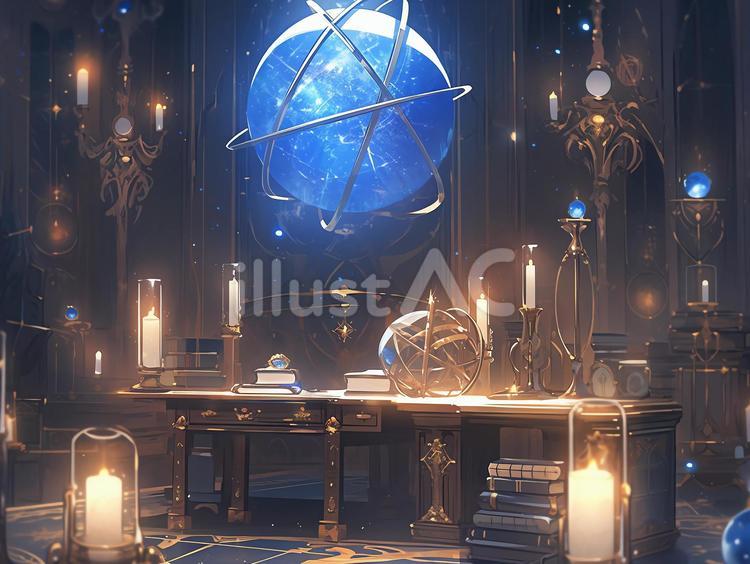 青い水晶玉が輝く占星術師のアトリエ_背景 アトリエ,水晶玉,天球儀のイラスト素材