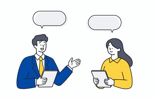 タブレットで打ち合わせするビジネス男女 人物,男女,ビジネス,上半身,吹き出し,会話,打ち合わせ,説明,相談,タブレットのイラスト素材