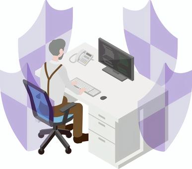 アイソメトリック_働く人➂-7 アイソメトリック,オフィス,会社員,男性,盾,オフィスワーク,働く,仕事,アイソメ,立体のイラスト素材