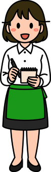 緑の接客スタッフの女性です。 ホール,スタッフ,シンプル,サービス,飲食店,レストラン,カフェ,ファミレス,接客,バイトのイラスト素材