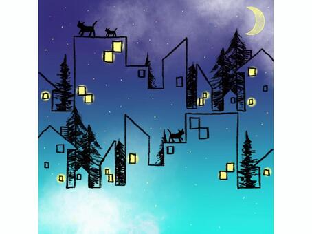 夜の町 夜,町,線画,シンプル,住宅街のイラスト素材