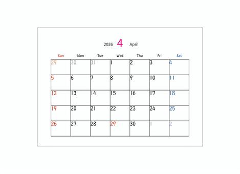 カレンダー　4月　2026 カレンダー,4月,april,2026年,令和8年,月間カレンダー,卓上カレンダー,シンプル,曜日,日付のイラスト素材