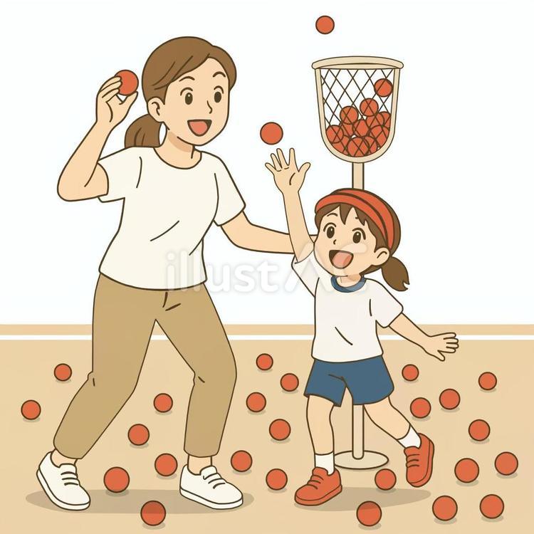 運動会で玉入れをする母と娘 運動場の背景 玉入れ,運動会,赤組のイラスト素材