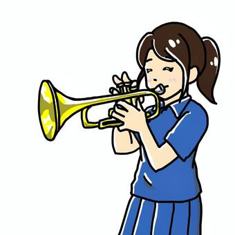 トランペットを吹く高校生 トランペット,音楽,高校生,吹奏楽部,楽器,演奏,ポニーテール,女子,金管,部活のイラスト素材