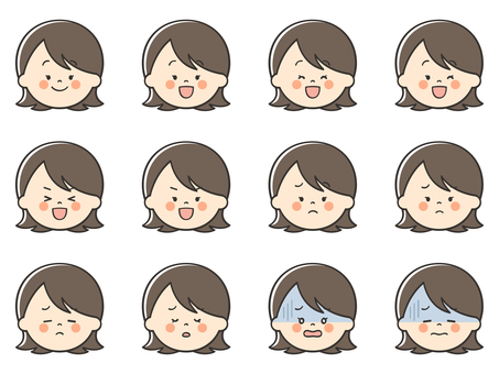 女性のいろいろな表情アイコン01 女性,女,笑顔,嬉しい,楽しい,喜び,楽しみ,ワクワク,困る,不安のイラスト素材