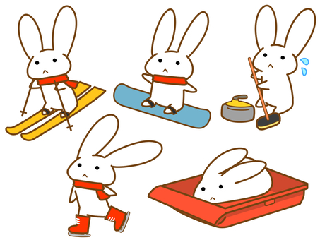 ゆるいうさぎ冬のスポーツセット うさぎ,兎,スポーツ,動物,キャラクター,セット,冬,スキー,スノーボード,カーリングのイラスト素材