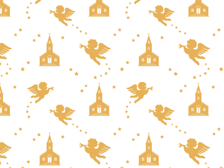 天使と協会のパターン クリスマス,パターン,模様,モチーフ,協会,チャーチ,天使,エンジェル,飛ぶ,ラッパのイラスト素材