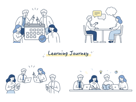 受講開始プロセスのサポートイラストセット 人物,学習,計画,相談,説明,実践,グループ,メンター,受講,勉強のイラスト素材
