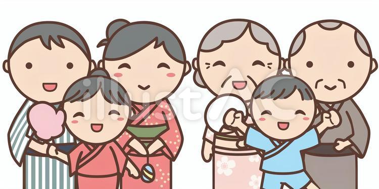 夏祭りに行く三世代家族のイラスト 三世代家族,夏祭り,浴衣のイラスト素材