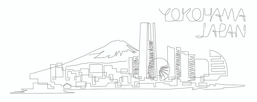 横浜 みなとみらい 一筆書き 横浜,日本,関東,みなとみらい,観覧車,ビル,マンション,ビジネス,ホテル,空のイラスト素材