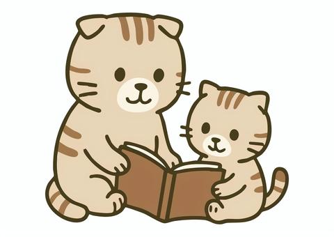 スコティッシュフォールドの猫親子の読書 スコティッシュフォールド,ネコ,猫,秋,読書,絵本,親子,かわいい,ねこ,家族のイラスト素材