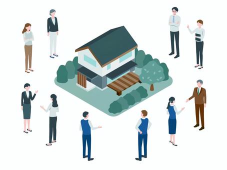 アイソメトリック_ビジネス不動産 不動産,ビジネス,営業,打ち合わせ,商談,契約,住宅,家,建物,新築のイラスト素材