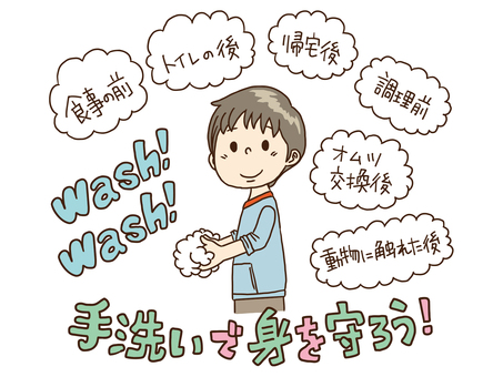 手洗いで身を守ろう！ 手洗い,感染対策,感染リスク,ウイルス,菌,減らす,守る,人物,男,手描きのイラスト素材