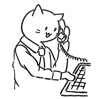 電話するねこ事務員(線画) 事務員,総務,人事,コールセンター,電話,パソコン,会社員,職業,仕事,ねこのイラスト素材