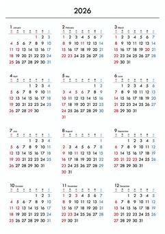 2026年カレンダー A4縦 2026年カレンダー A4縦 カレンダー,2026年,年間カレンダー,1年カレンダー,12か月,シンプル,白背景,見やすい,スケジュール,スマートのイラスト素材