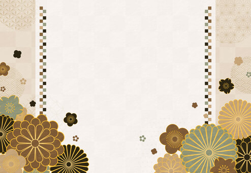 和の花柄の年賀状 背景格子 横書き 格子柄,茶色,緑,黒,渋い,シック,洗練,背景,フレーム,花柄のイラスト素材