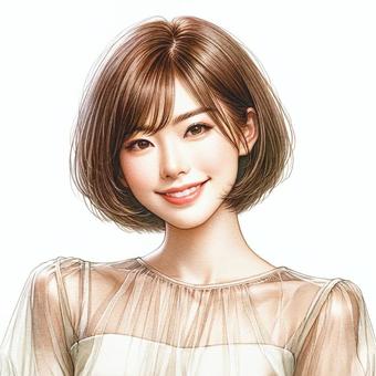 Smiling woman with bob hair, female, watercolor, hand drawn, JPG