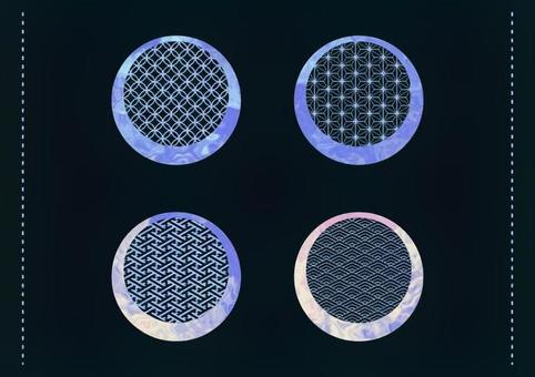 マーブル和柄の青紫円形フレームセット フレーム,飾り枠,デザイン,エレメント,流体,リキッド,和柄,円形,円,丸のイラスト素材