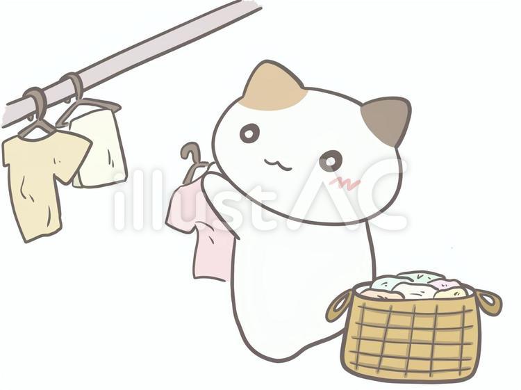 洗濯物を干す三毛猫 洗濯物,洗濯干し,家事のイラスト素材