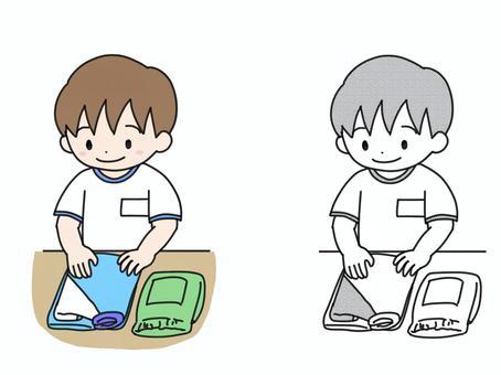 服をたたむ子 男の子,学校,小学生,体育,体操服,教室のイラスト素材