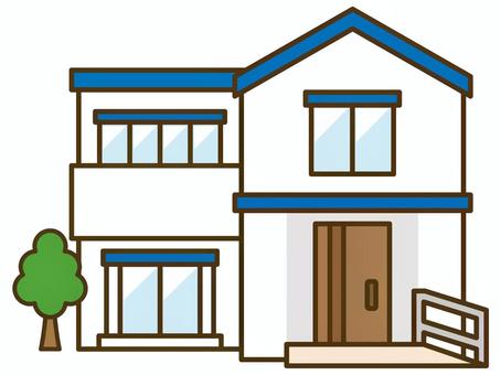 青い屋根のスロープがある家の外観 家,住宅,住居,建物,外観,正面,一軒家,戸建て,建築,スロープのイラスト素材