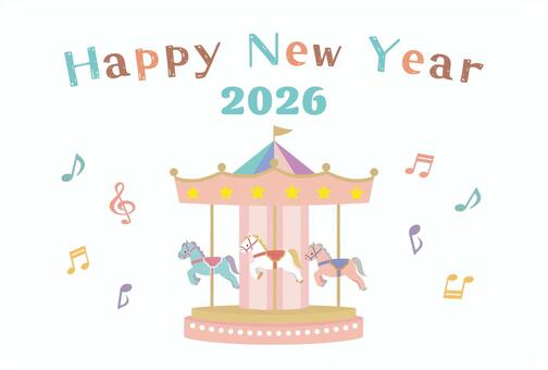 2026年賀状　メリーゴーランドと音符 年賀状,2026年,午年,テンプレート,メリーゴーランド,回転木馬,音楽,音符,馬,メルヘンのイラスト素材