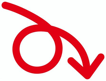 くるんとした矢印（下向き）　赤② 矢印,くるん,くるりん,くるり,下向き,下,強調,アイコン,白背景,透過のイラスト素材