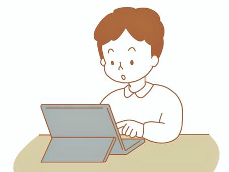 タブレットで勉強する子供 タブレット,学習,勉強,宿題,小学生,子供,男の子,かわいい,シンプル,手描きのイラスト素材