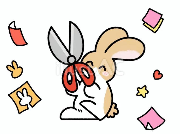 ハサミを使って紙を切るウサギ　茶色ダッチ ウサギ,ダッチ,ハサミのイラスト素材