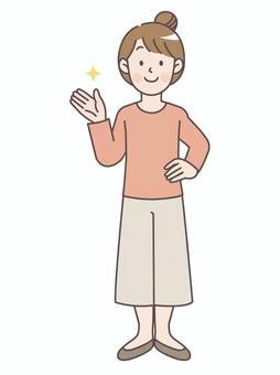 腰に手を当てて案内する若い主婦_全身 人物,女性,シンプル,かわいい,若い,大学生,学生,イラスト,全身,案内のイラスト素材