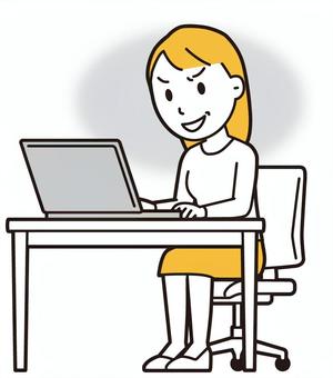  ロングヘア女性(黄)-504-全身 パソコン,悪人,女性,女の子,人物,かわいい,表情,感情,悪い,悪事のイラスト素材