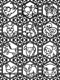 シームレスなモザイク　干支　　o  十二支,干支,動物,正月,年賀状,背景素材,バックグラウンド,モザイク,六角形,六角のイラスト素材