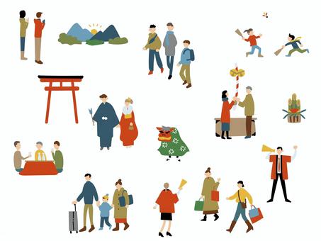 お正月を過ごす人々のセット 素材パーツ お正月を過ごす人々のセット 素材パーツ 人物,人々,お正月,元旦,セット,手描き,ラフ,全身,モブ,初詣のイラスト素材