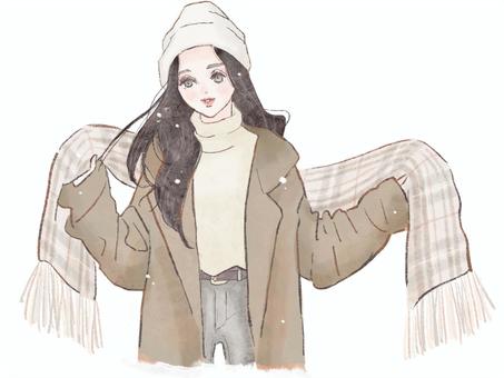 冬コーデの女性イラスト(黒髪) 女性,女の子,きれい,大人女子,大人可愛い,ニットキャップ,マフラー,コート,冬コーデ,ウィンターファッションのイラスト素材