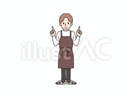両手で指差すエプロンの男性_brown