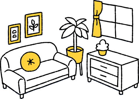 ソファと観葉植物があるリビング ソファ,観葉植物,鉢,リビング,窓,カーテン,額縁,絵画,クッション,チェストのイラスト素材