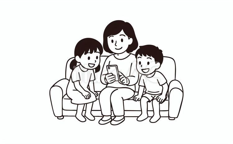 ソファに並んでスマホを見る家族 家族,スマホ,ソファのイラスト素材