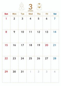 ドット柄の2026年3月カレンダー　縦型 3月,カレンダー,2026,令和8年,月めくり,ひな祭り,月間カレンダー,a4,ドット,雛人形のイラスト素材