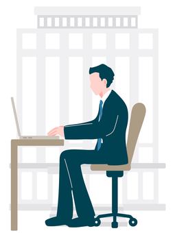 オフィスビルを背景にした働くビジネスマン ビジネスマン,男性,全身,座る,デスクワーク,pc,パソコン,操作,仕事,オフィスのイラスト素材