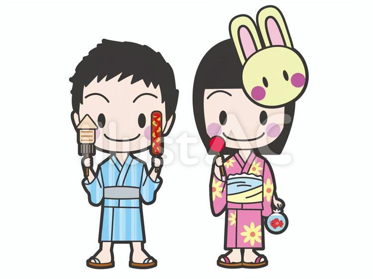 浴衣姿の男の子と女の子 夏祭り,盆祭り,盆踊りのイラスト素材